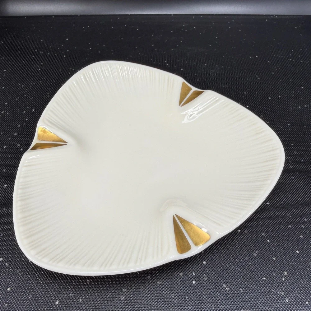 Lenox Vintage Porcelain Triangular Ashtray Trinket Dish Gold Trim Ivory‎ Cream